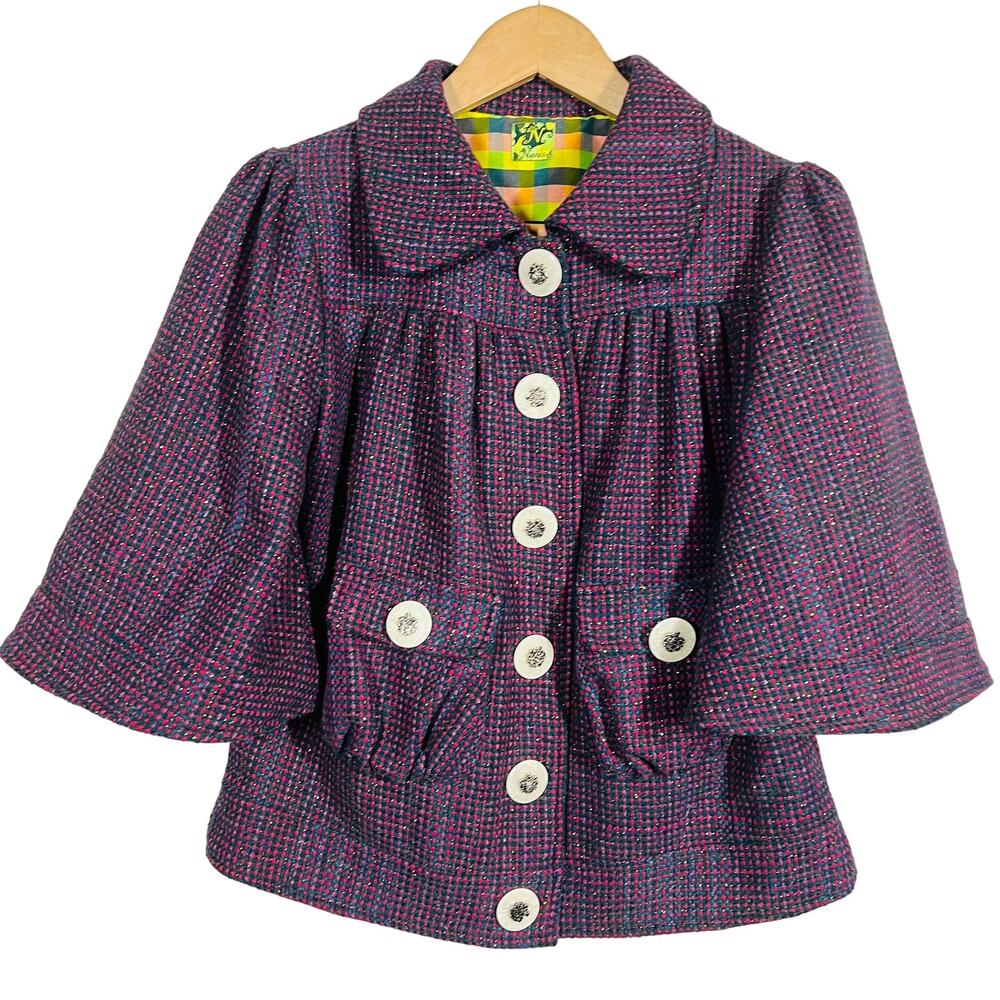 Nuvula Checker Peter Pan Jacket Coat Button Front 3/4 Bell Sleeve Bird Plaid - S